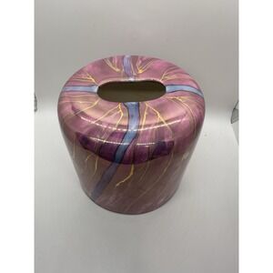 Hand Painted Ceramic Tissue Box Cover 24K Gold Accents Purple Art Pottery‎